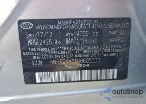 2013 Hyundai Sonata Se from USA, damaged, VIN 5NPEC4AC1DH605330